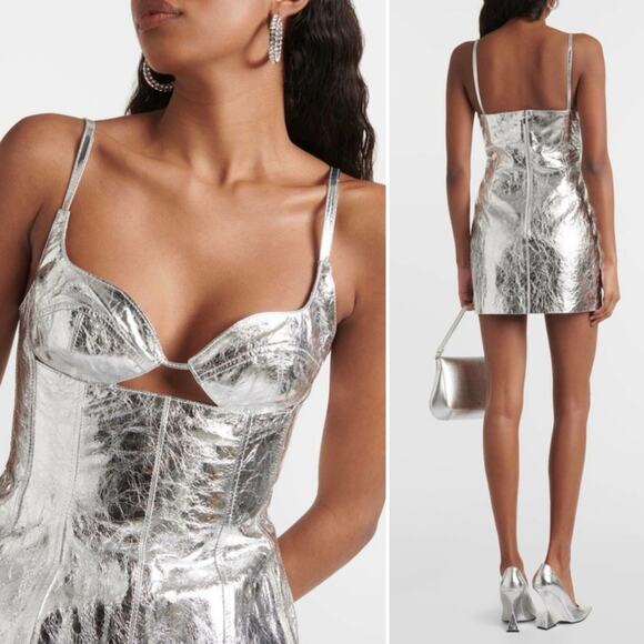 NWT NEW David Koma Metallic Crushed Leather Mini Dress - Picture 2 of 13